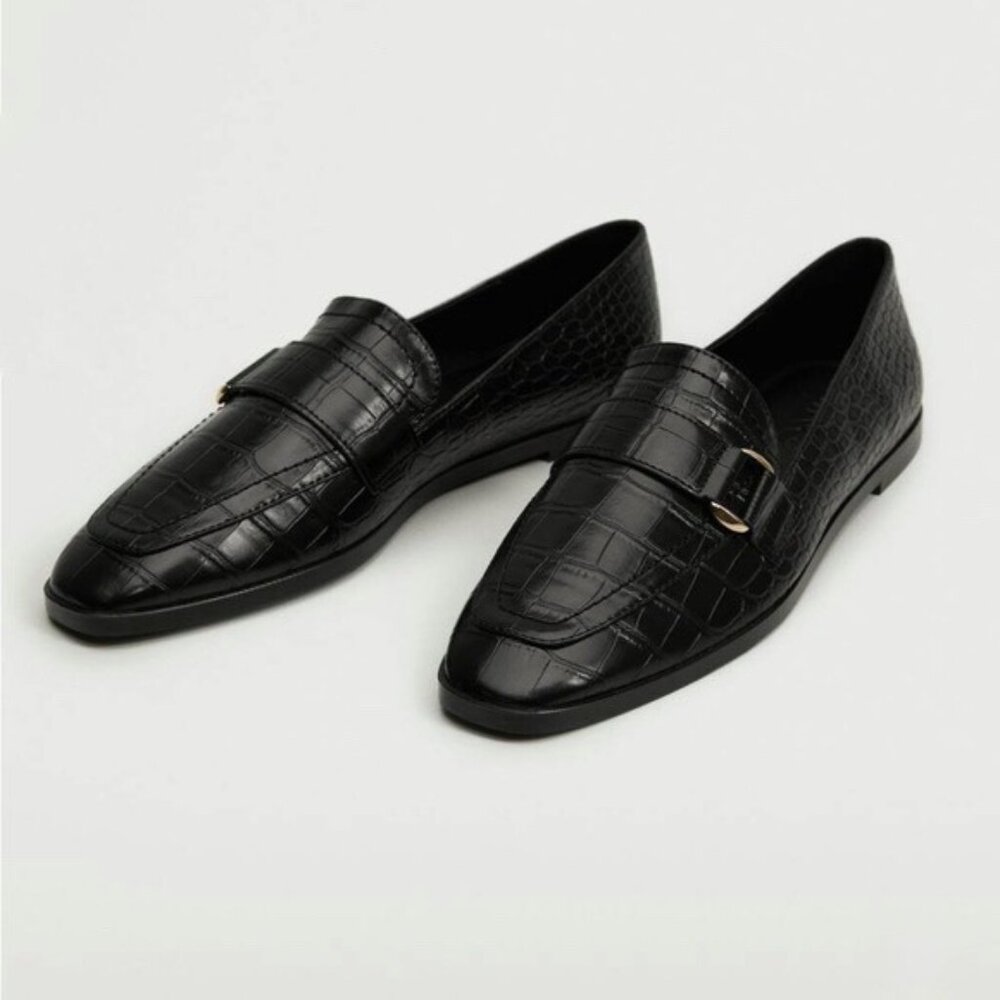 Mango MNG Black Leather Croc Susan Slip On Round Toe Loafer Flat US 7.5 EU 38